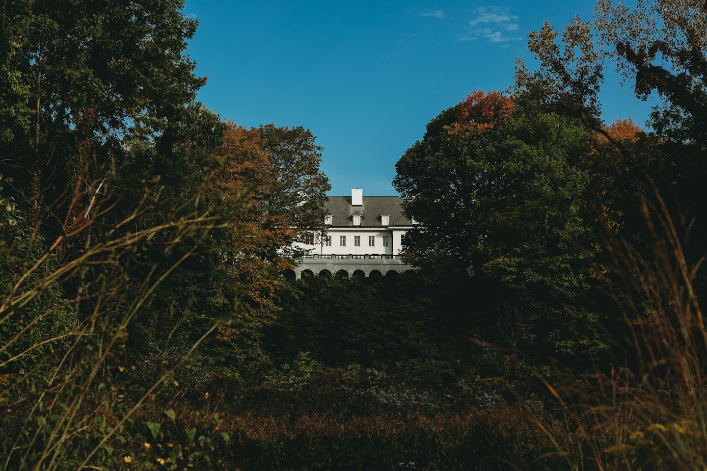 Manoir blanc avec loggia cintrée parmi les arbres d'automne.